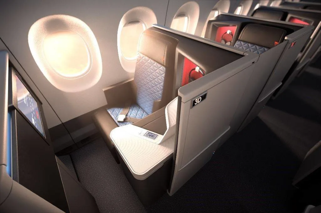 Delta One business class suite with a lie-flat seat and privacy door, seat 3D