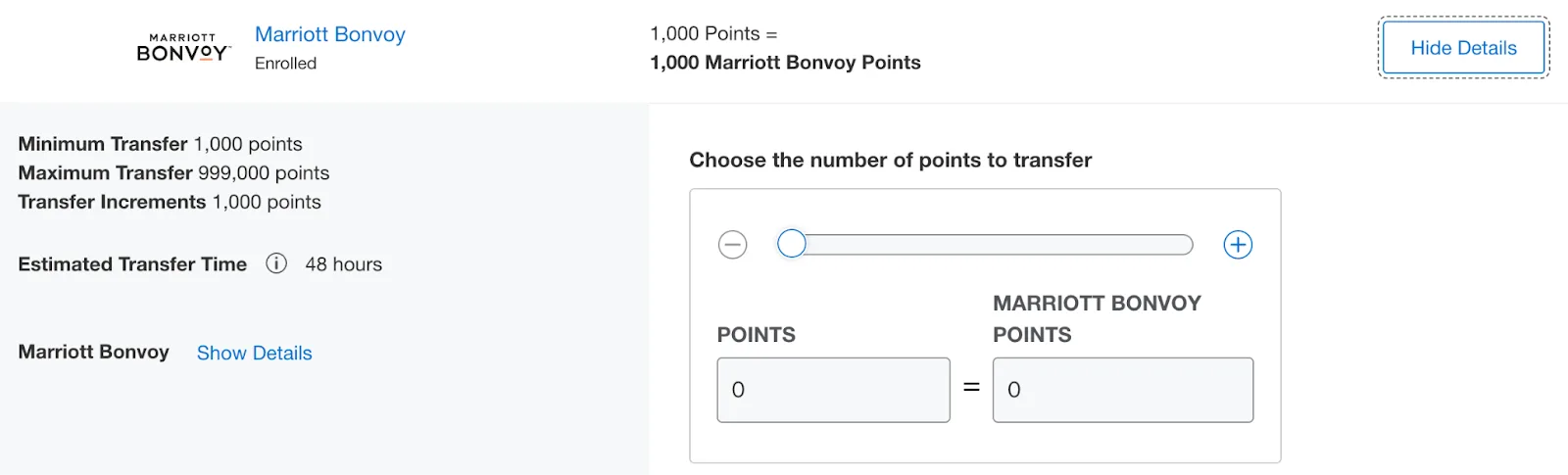 Screenshot of the Marriott Bonvoy points transfer screen with a slider to choose how many points to convert to Marriott Bonvoy points