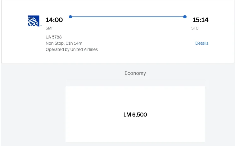 Screenshot of an Avianca LifeMiles search showing a Sacramento to San Francisco flight on United Airlines priced at 6,500 miles in economy
