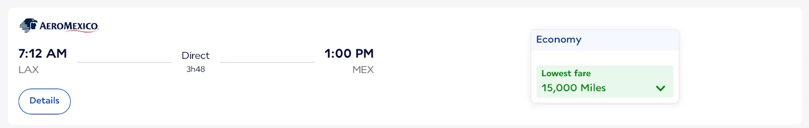 Screenshot of a Flying Blue award search for an Aeromexico flight from Los Angeles to Mexico City, priced from 15,000 miles in economy.