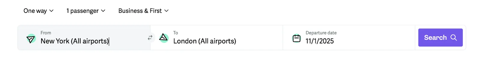 Screenshot of the point.me flight search tool set to one-way, Business & First class, from New York to London.