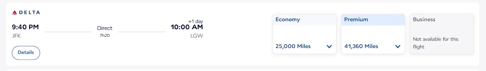Screenshot of a Delta flight from JFK to London Gatwick showing mileage prices of 25,000 for economy and 41,360 for the premium cabin