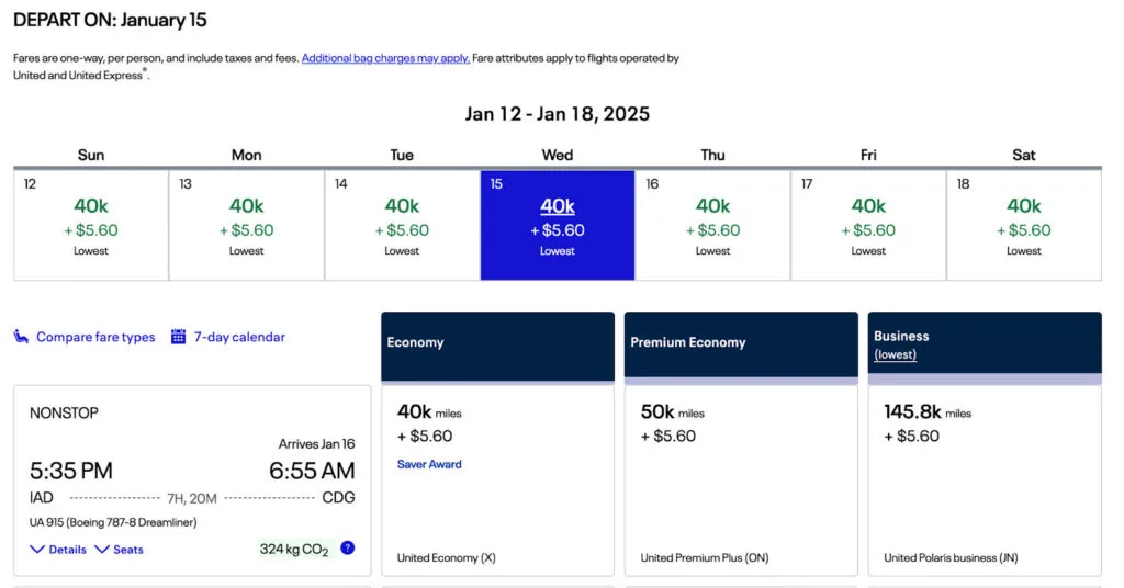 Screenshot of a United award search for a nonstop Washington Dulles to Paris flight priced at 40,000 miles in Economy