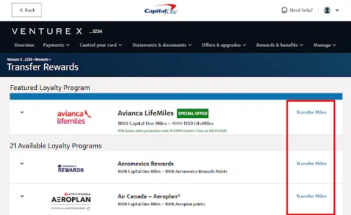 Step 3 of Transferring Capital One miles to airlines 