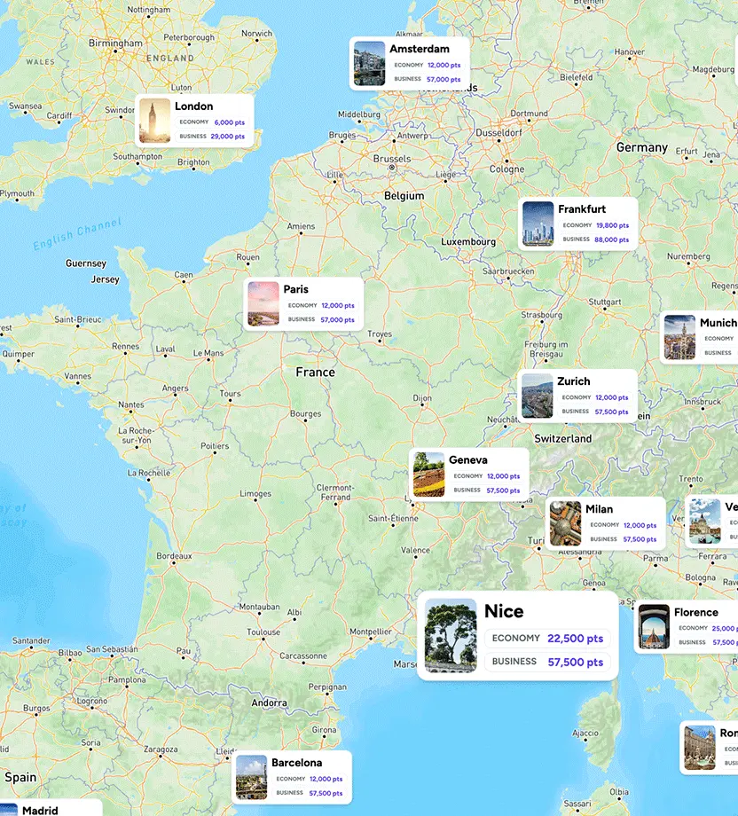 point.me explore interactive map tool shows award flights from New York to anywhere in Europe, with Paris highlighted and a calendar heat map popping into view to find the best dates for deals.