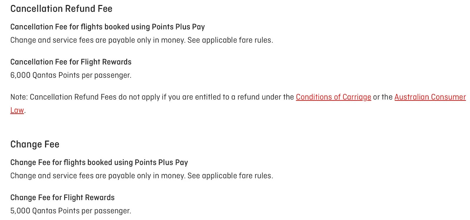 Screenshot of a Qantas Frequent Flyer page listing cancellation and change fees of 6,000 and 5,000 Qantas Points per passenger for Flight Rewards.