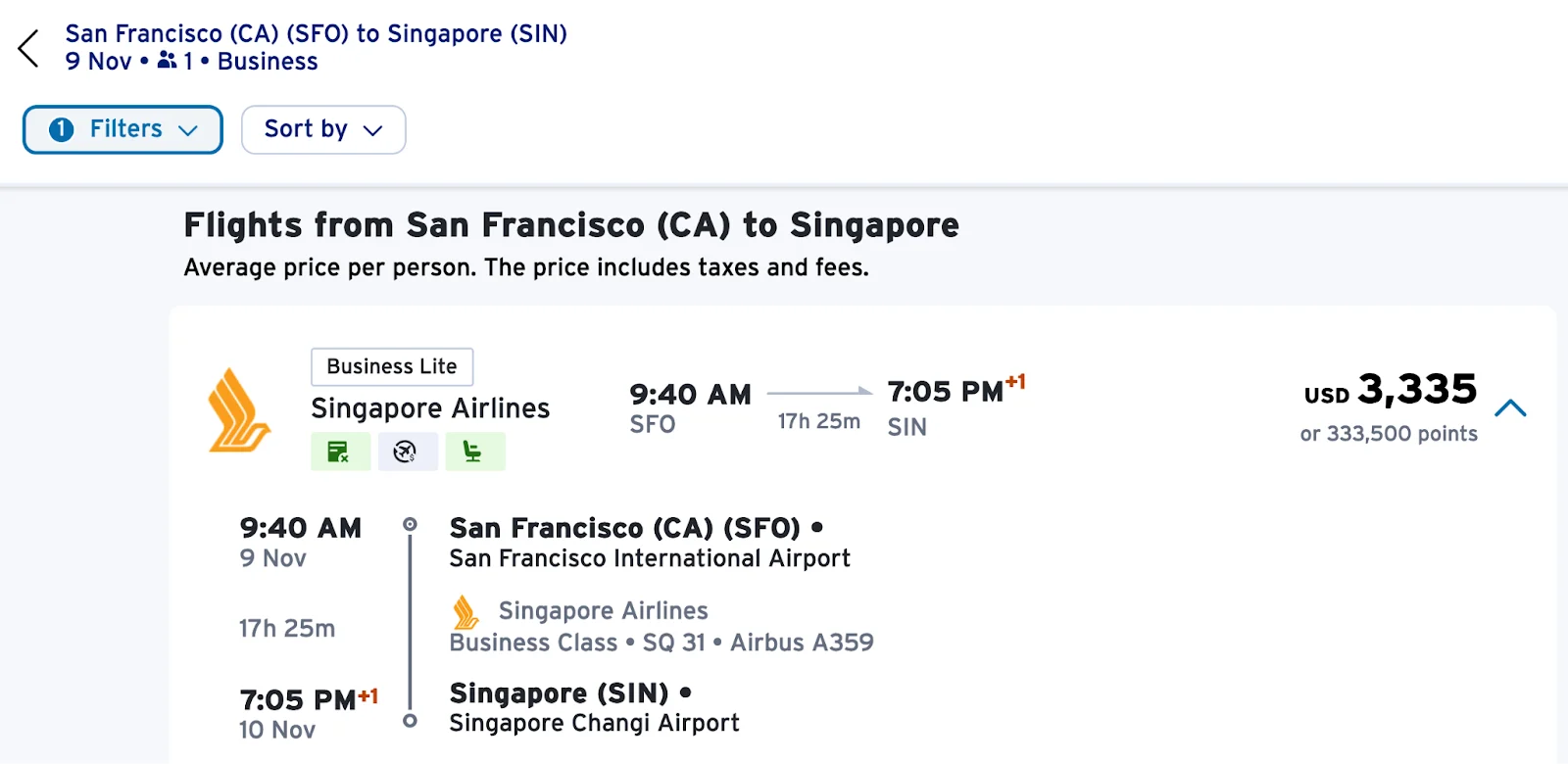 Screenshot of a Capital One Travel search for a San Francisco to Singapore business class flight, priced at $3,335 or 333,500 points.