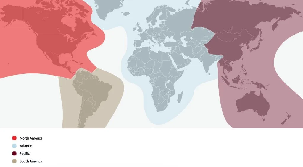 Map of Air Canada Aeroplan's award chart regions, color-coded by North America, Atlantic, Pacific, and South America