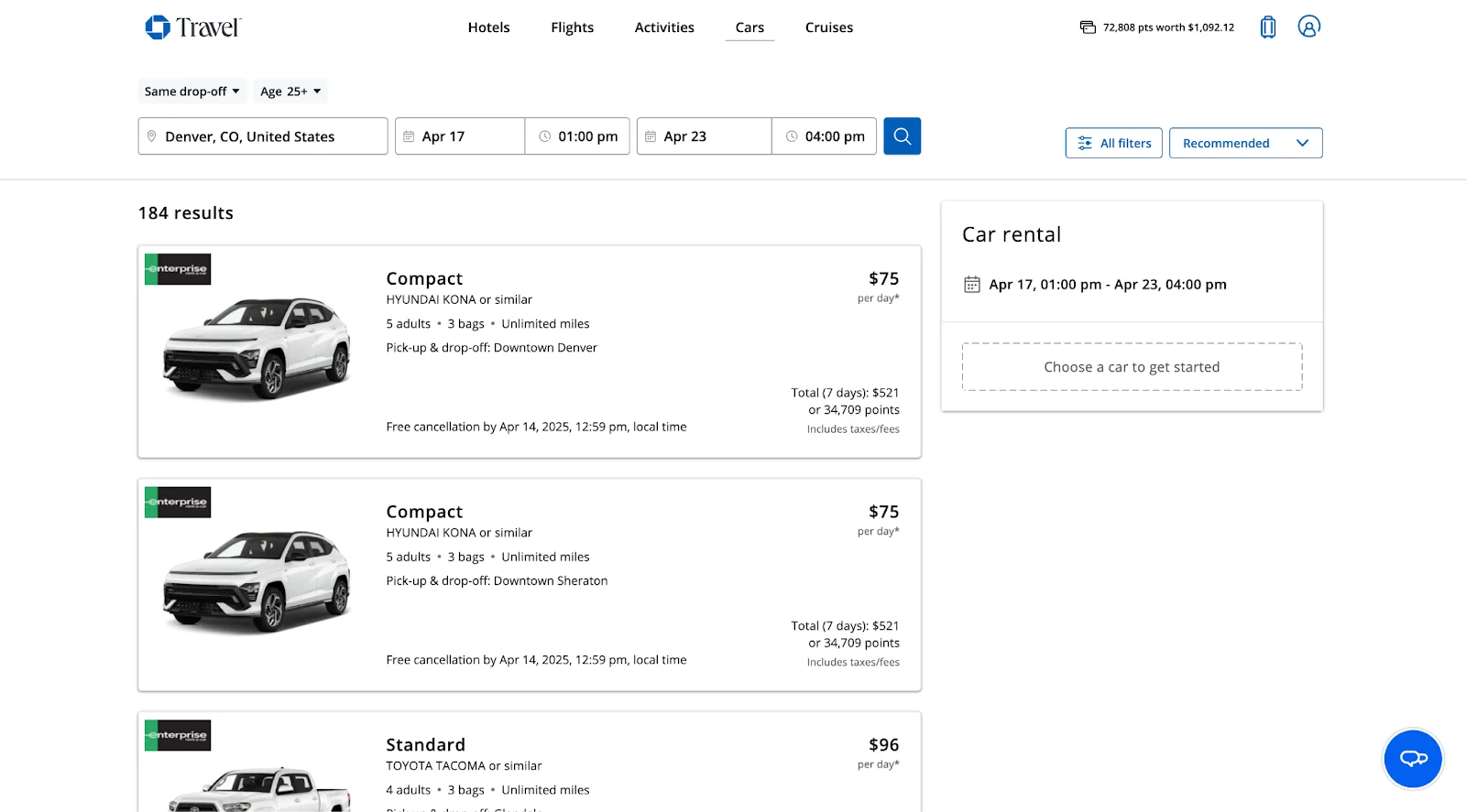 Screenshot of the Chase Travel portal car rental search for Denver, showing Enterprise compact and standard vehicles priced in dollars and points.