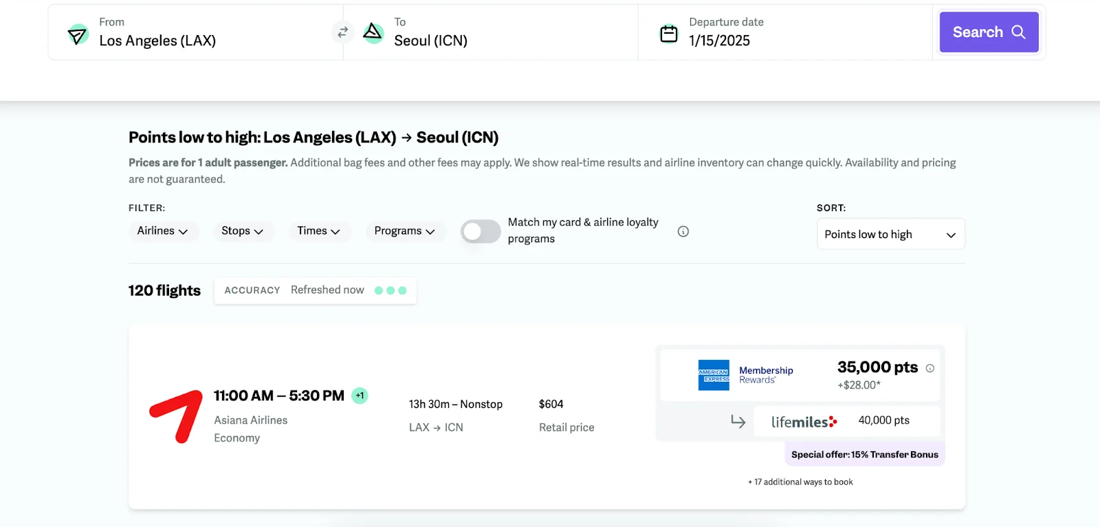 Screenshot of a point.me search from Los Angeles to Seoul on Asiana Airlines, priced at 35,000 American Express points or 40,000 LifeMiles