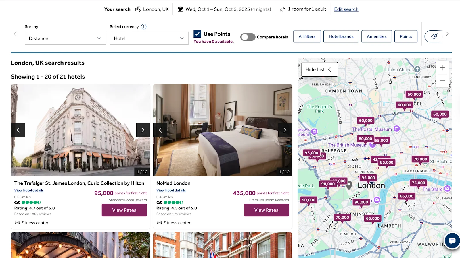 Screenshot of Hilton Honors hotel search results for London, showing properties like The Trafalgar St. James and NoMad London with nightly point prices and a map of point values across the city.