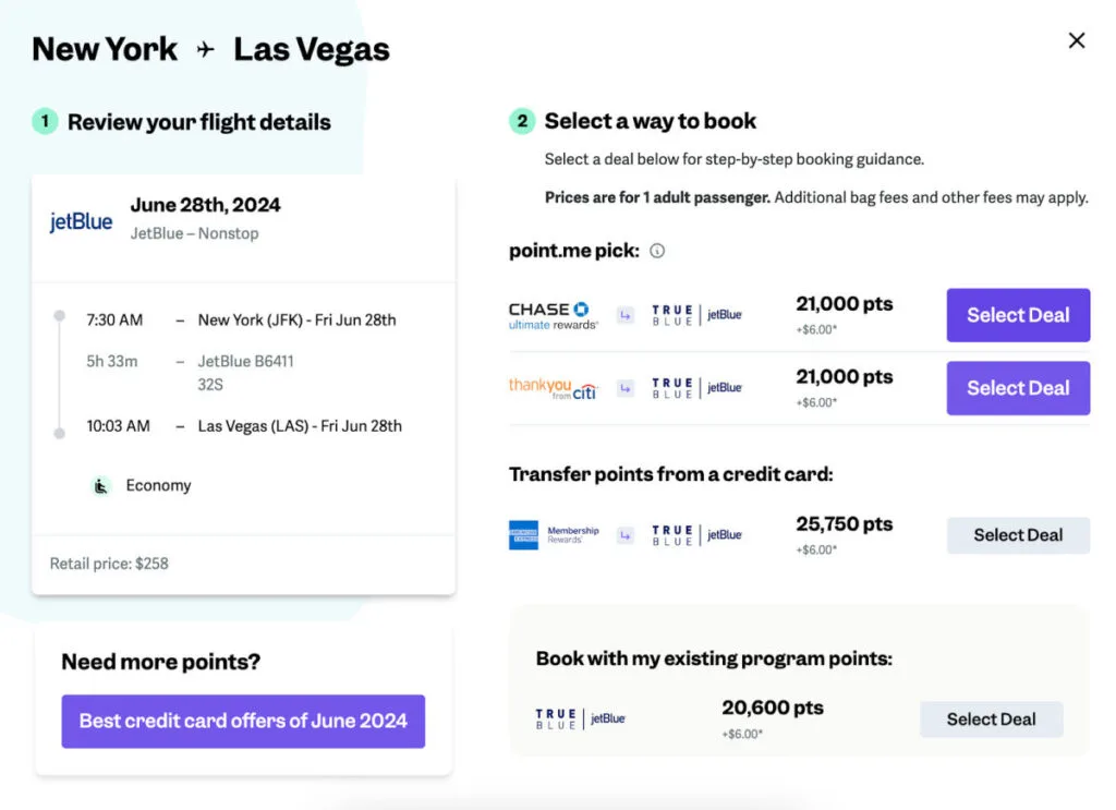 Screenshot of a point.me booking guide for a JetBlue flight from New York to Las Vegas, showing transfer options from Chase and Citi at 21,000 points