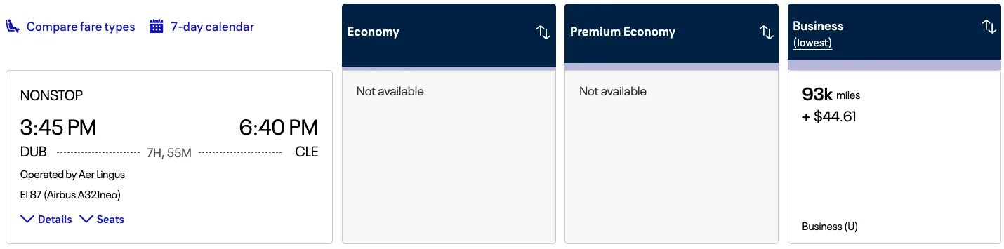 Screenshot of an award search showing an Aer Lingus flight from Dublin to Cleveland priced at 93,000 miles in Business class, with Economy and Premium Economy unavailable.