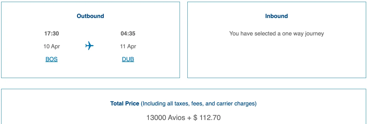 Screenshot of a British Airways booking summary for a one-way Boston to Dublin flight priced at 13,000 Avios plus $112.70