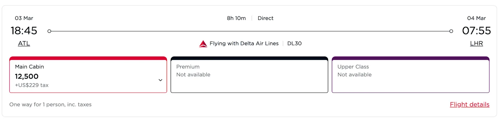 Screenshot of a Virgin Atlantic award search showing an Atlanta to London flight priced at 12,500 miles in Main Cabin