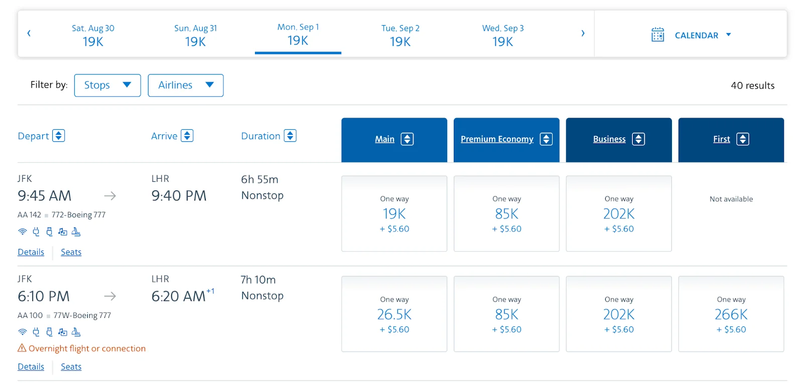 Screenshot of point.me search results for Indianapolis to Rome showing American Airlines First and Business class awards bookable with Bilt points from 62,000 points