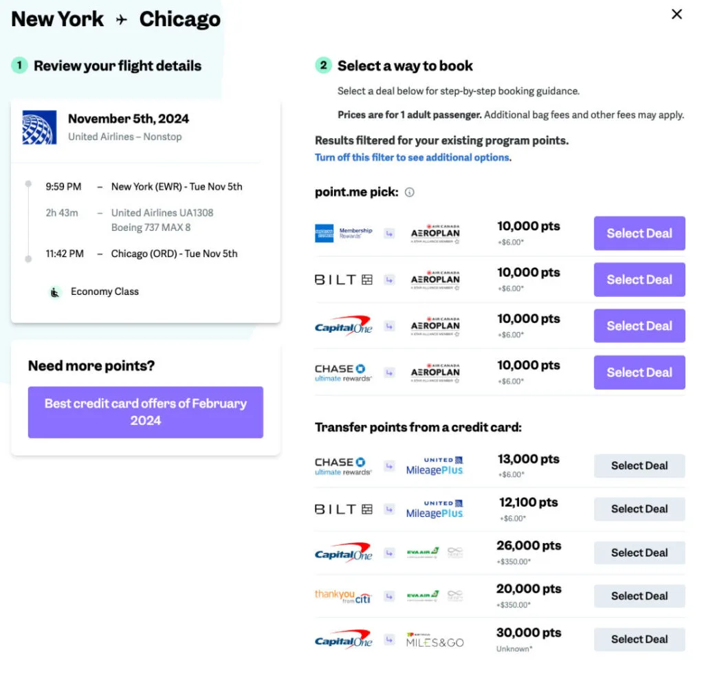 Screenshot of point.me showing ways to book a New York to Chicago United flight, including Aeroplan transfers from several card programs for 10,000 points