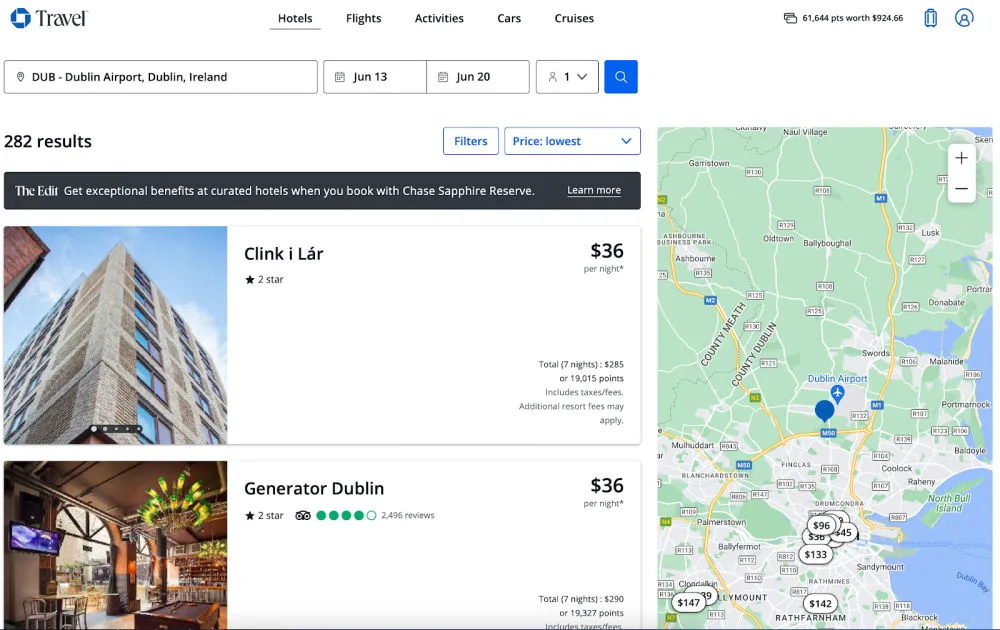 Screenshot of Chase Travel hotel search results for Dublin, Ireland, listing properties like Clink i Lár and Generator Dublin from $36 per night.