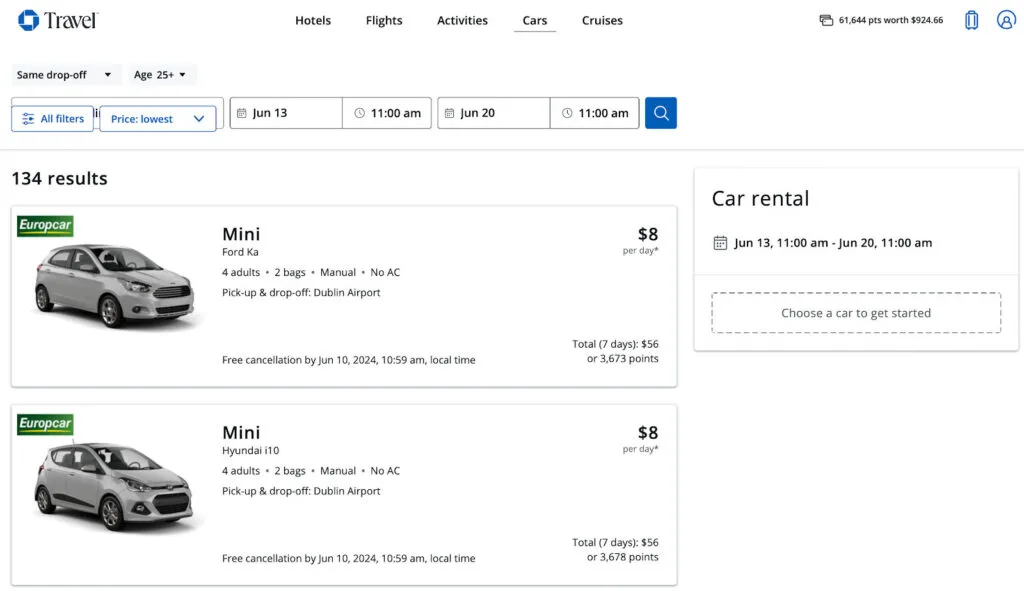 Screenshot of Chase Travel car rental search results in Dublin, showing Europcar Mini options from $8 per day.