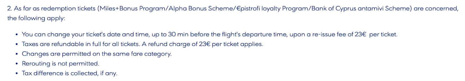 Screenshot of an airline award ticket change and cancellation policy listing a 23-euro reissue fee and refund rules for redemption tickets.
