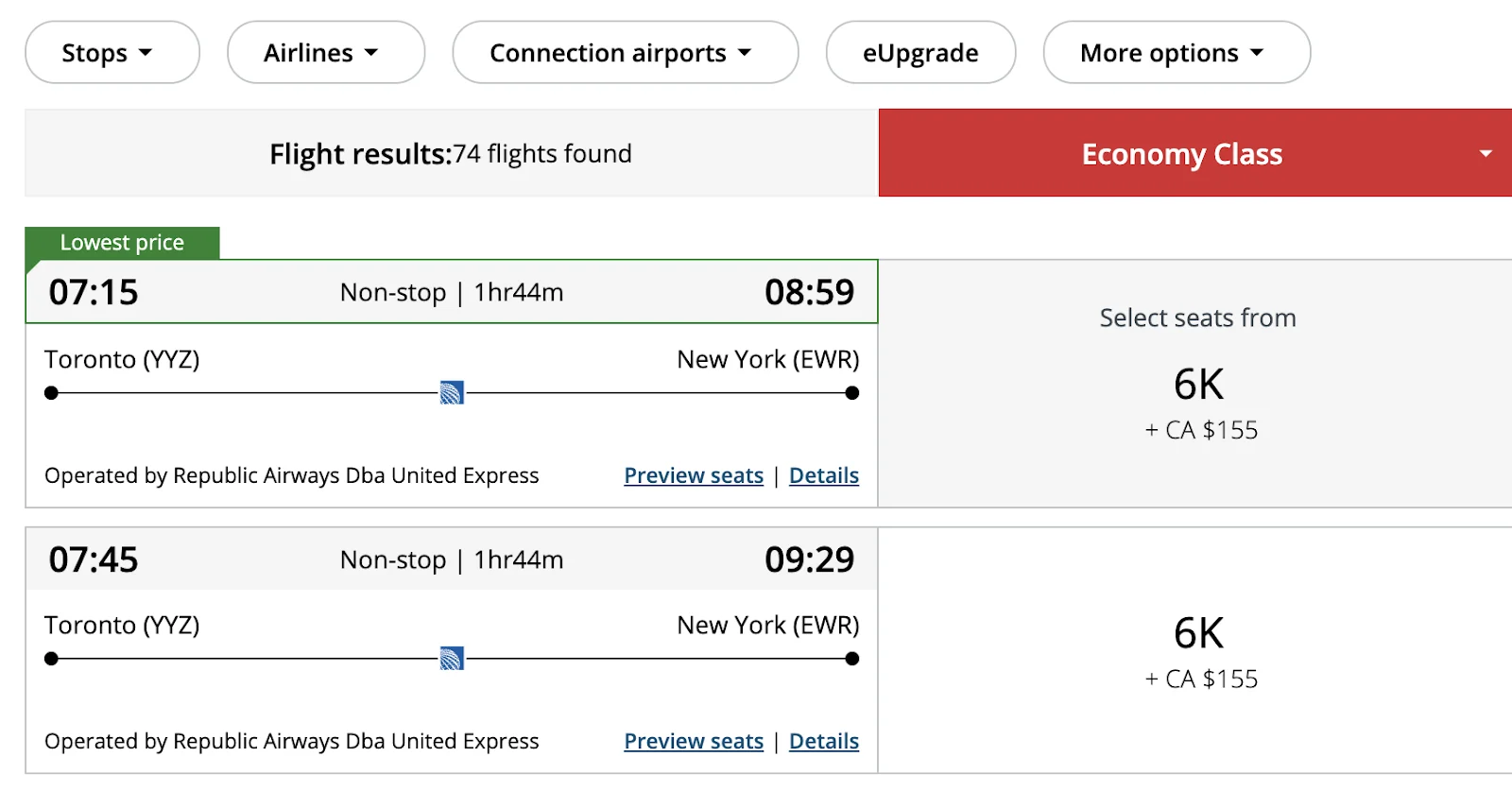 Screenshot of an Air Canada award search from Toronto to New York EWR showing economy class priced at 6,000 points plus CA$155