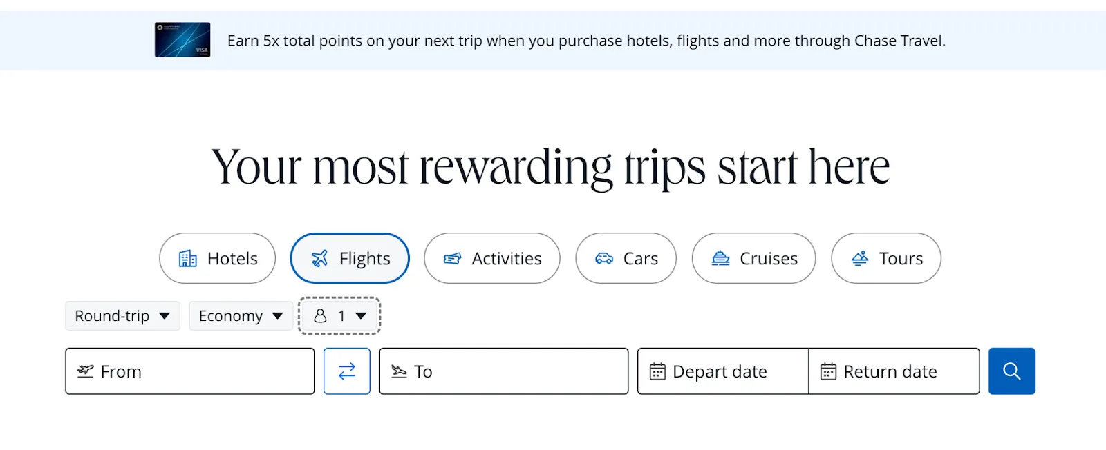Screenshot of the Chase Travel portal homepage with the flight search tab selected
