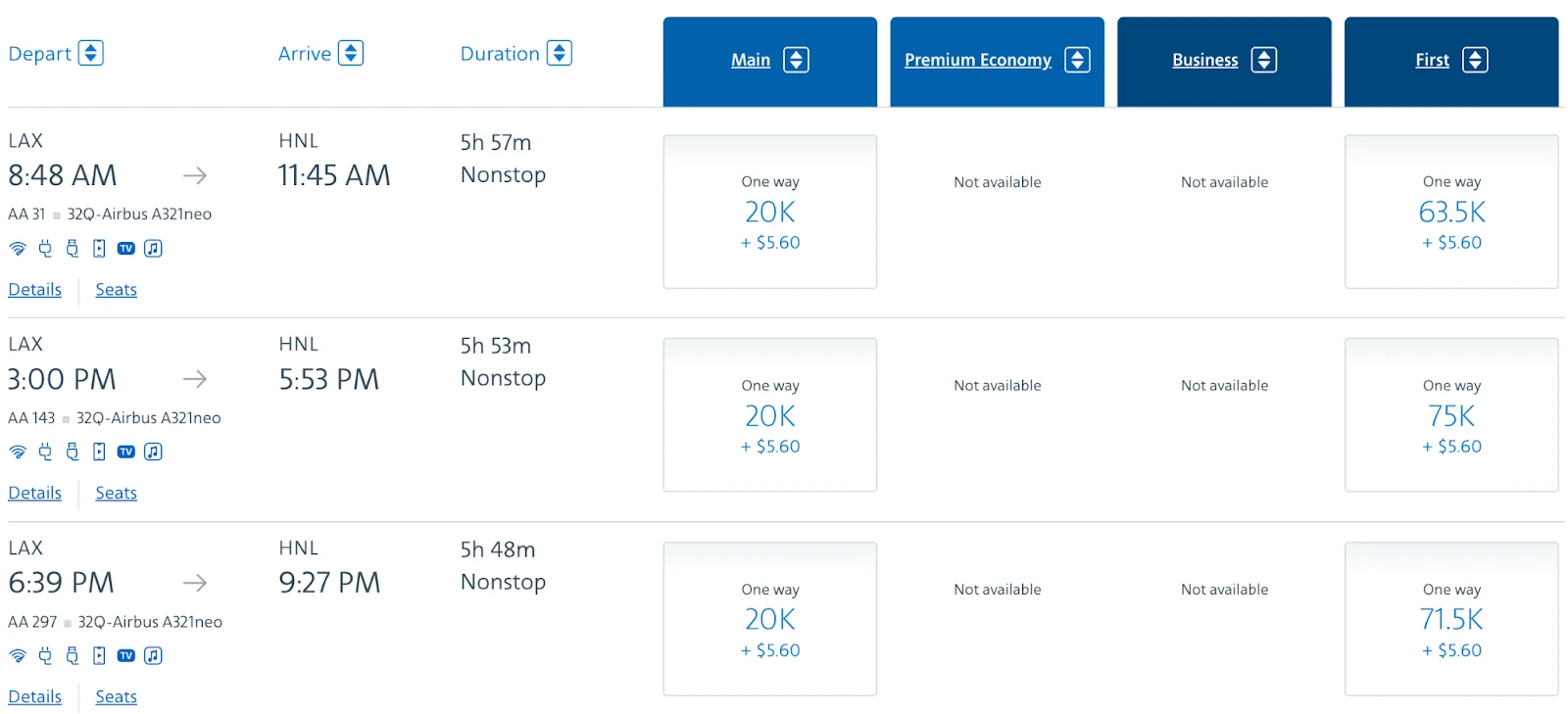 Screenshot of an airline award calendar for a Los Angeles to Honolulu flight, showing daily point prices across several months, mostly ranging from 6,500 to 20,500 points.