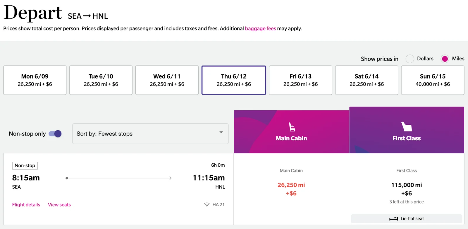 Screenshot of Hawaiian Airlines award search results from Seattle to Honolulu showing main cabin at 26,250 miles and first class at 115,000 miles