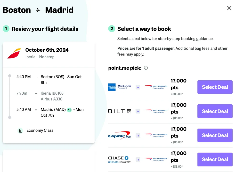 Screenshot of a point.me booking guide for a Boston to Madrid Iberia economy flight priced at 17,000 points