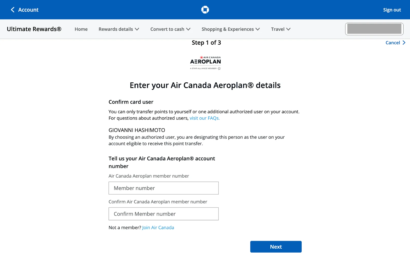 Chase Ultimate Rewards transfer screen for entering an Air Canada Aeroplan member number and confirming the authorized card user