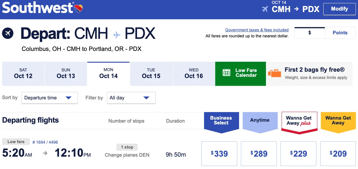 Southwest Airlines flight search results for Columbus to Portland showing fares by fare class priced in dollars