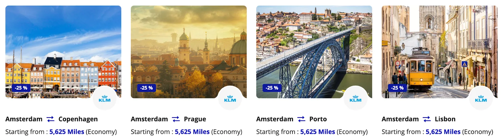 Screenshot of a KLM promotion showing four European city photos - Copenhagen, Prague, Porto, and Lisbon - each discounted 25% and starting from 5,625 miles in economy.