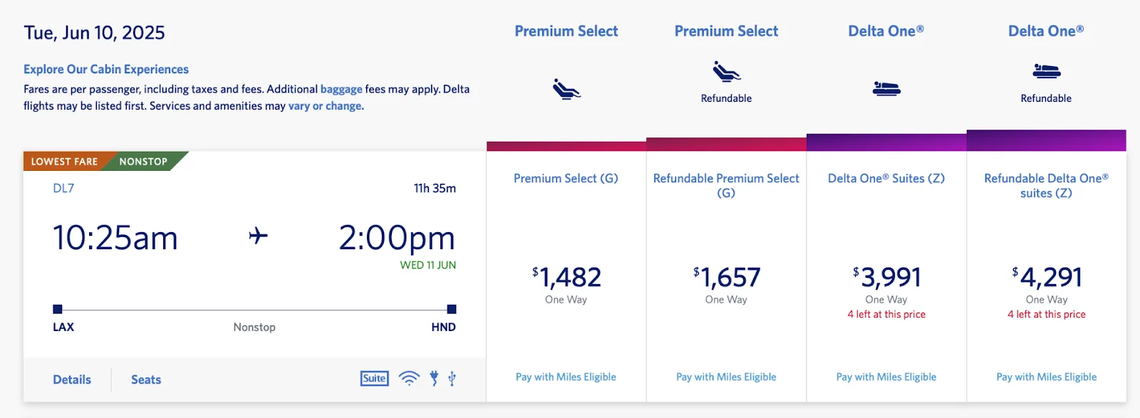 Screenshot of Delta fare options for a Los Angeles to Tokyo Haneda flight, showing Premium Select and Delta One Suites prices
