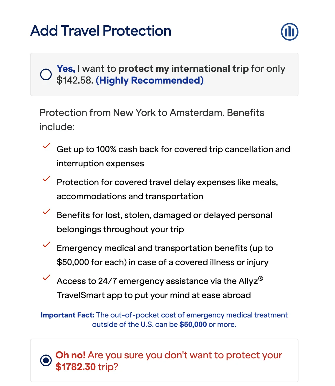 Screenshot of a JetBlue checkout screen offering optional travel protection for $142.58 on a $1,782.30 New York to Amsterdam trip, listing coverage benefits.