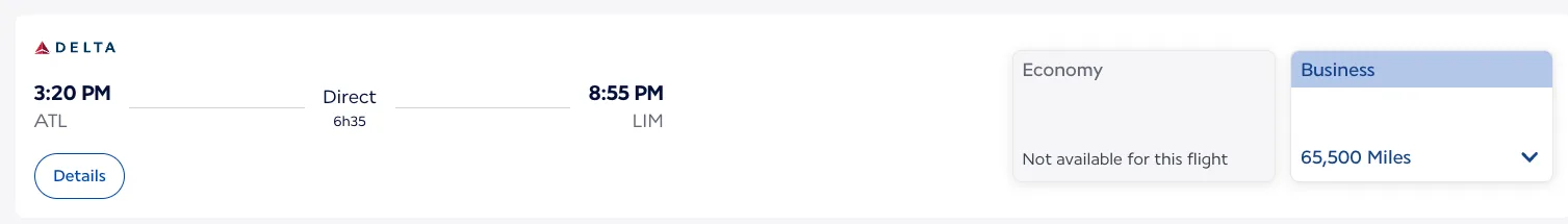 Screenshot of a Delta award search showing an Atlanta to Lima flight priced at 65,500 miles in Delta One business class