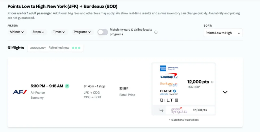 Screenshot of point.me search results for New York to Bordeaux showing an Air France economy flight priced at $3,884 retail or 12,000 points via Bilt to Virgin Atlantic Flying Club