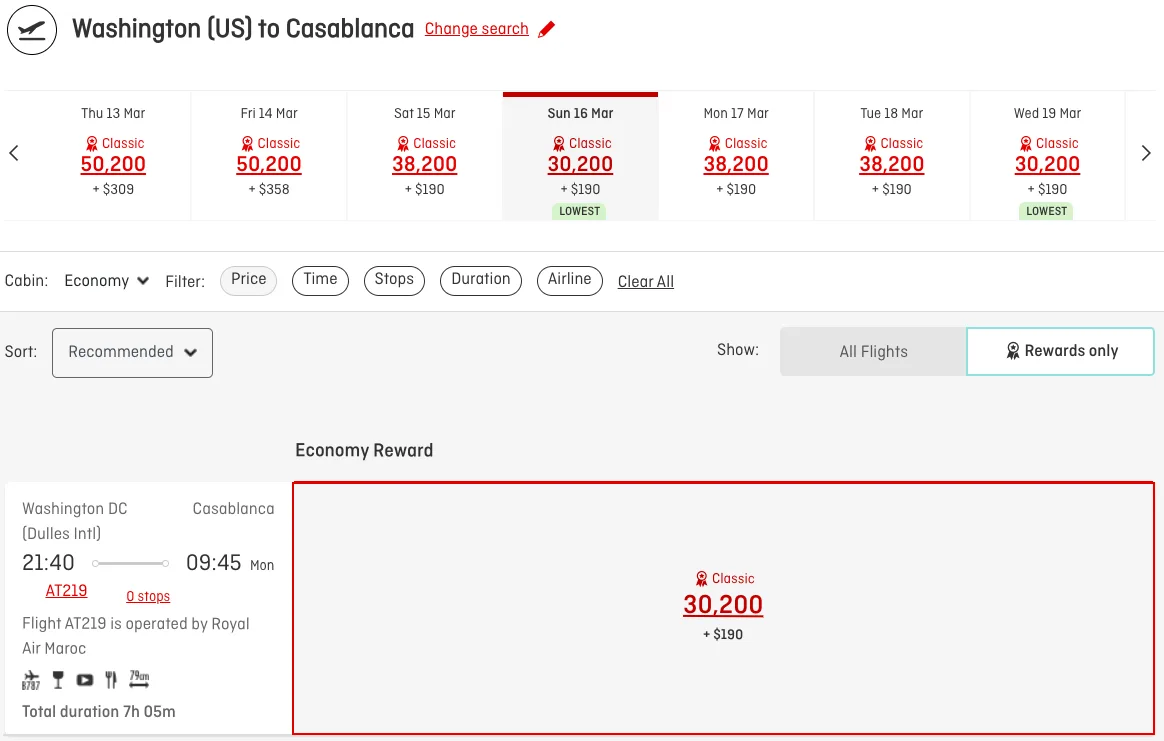 Screenshot of a Qantas award search showing a Washington to Casablanca flight on Royal Air Maroc priced at 30,200 points in Economy Classic
