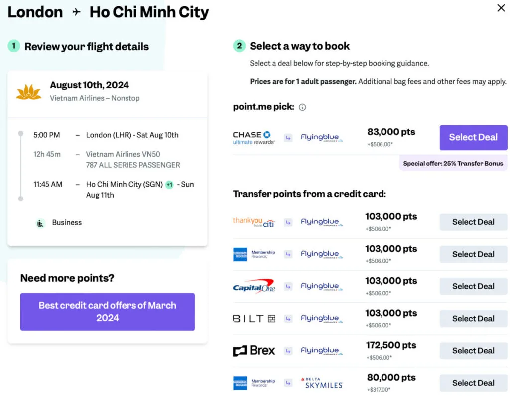 Screenshot of a point.me booking guide comparing credit card transfer options for a London to Ho Chi Minh City Vietnam Airlines business class flight