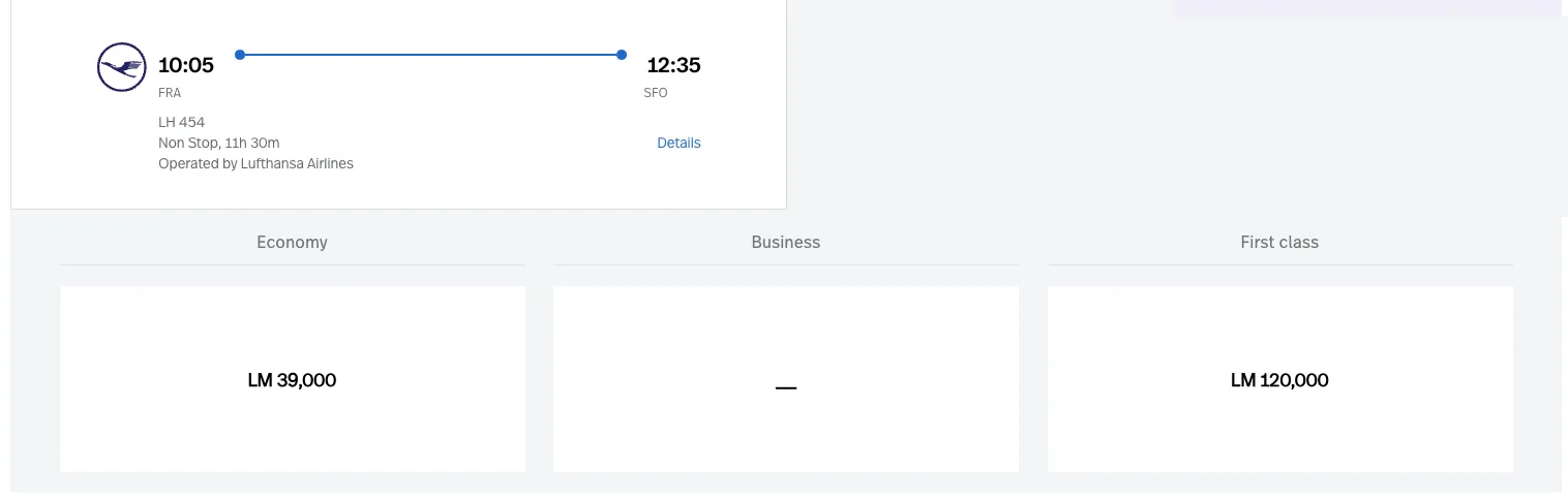 Screenshot of a LifeMiles award search showing a Lufthansa Frankfurt to San Francisco flight priced at 39,000 miles in economy or 120,000 miles in first class
