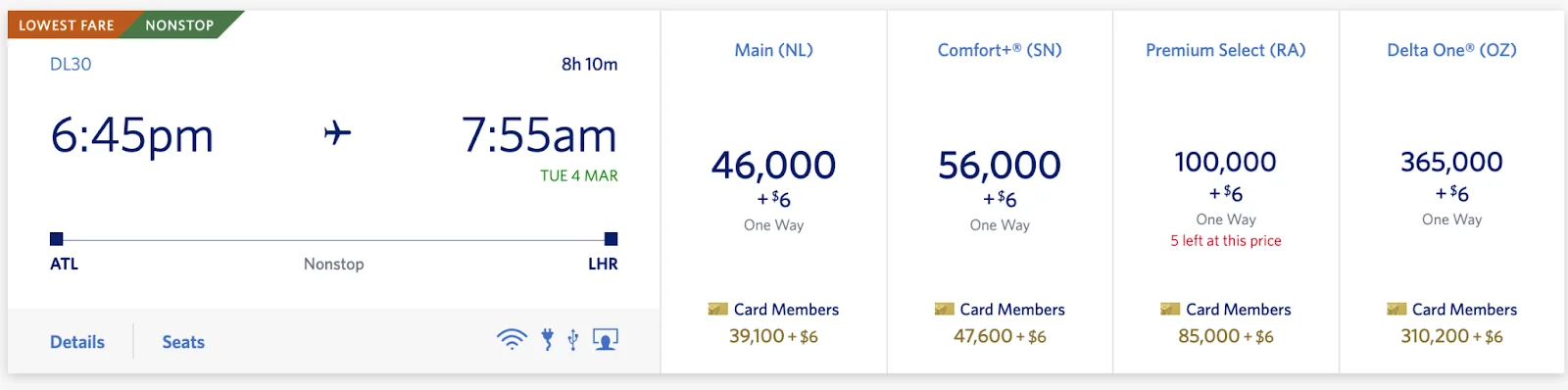 Screenshot of a Delta award search for a nonstop Atlanta to London flight showing mileage prices across Main, Comfort+, Premium Select, and Delta One cabins