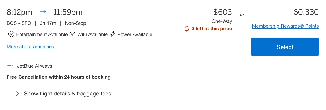 Screenshot of the Amex Travel portal showing a JetBlue Boston to San Francisco flight priced at $603 or 60,330 Membership Rewards points