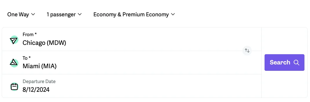 Screenshot of point.me search results for Chicago to Miami showing American Airlines and Southwest award flights priced from 7,000 to 12,000 points