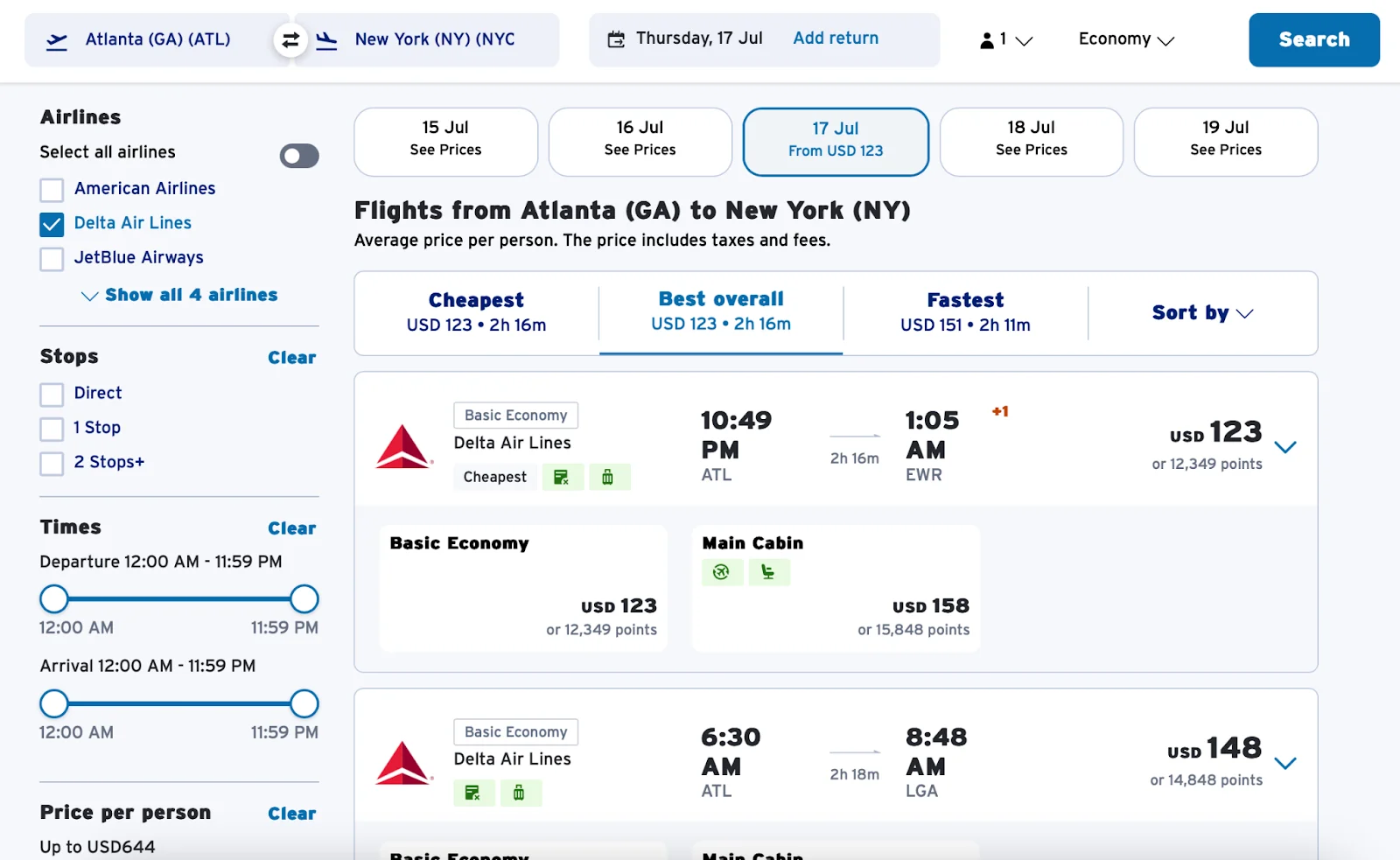 Capital One Travel flight search results from Atlanta to New York showing Delta fares priced in both dollars and points