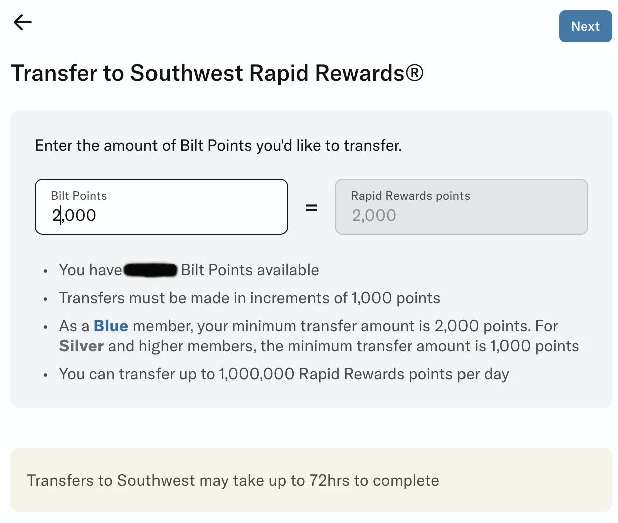 Screenshot of a Bilt Rewards points transfer screen converting 2,000 Bilt Points into 2,000 Southwest Rapid Rewards points