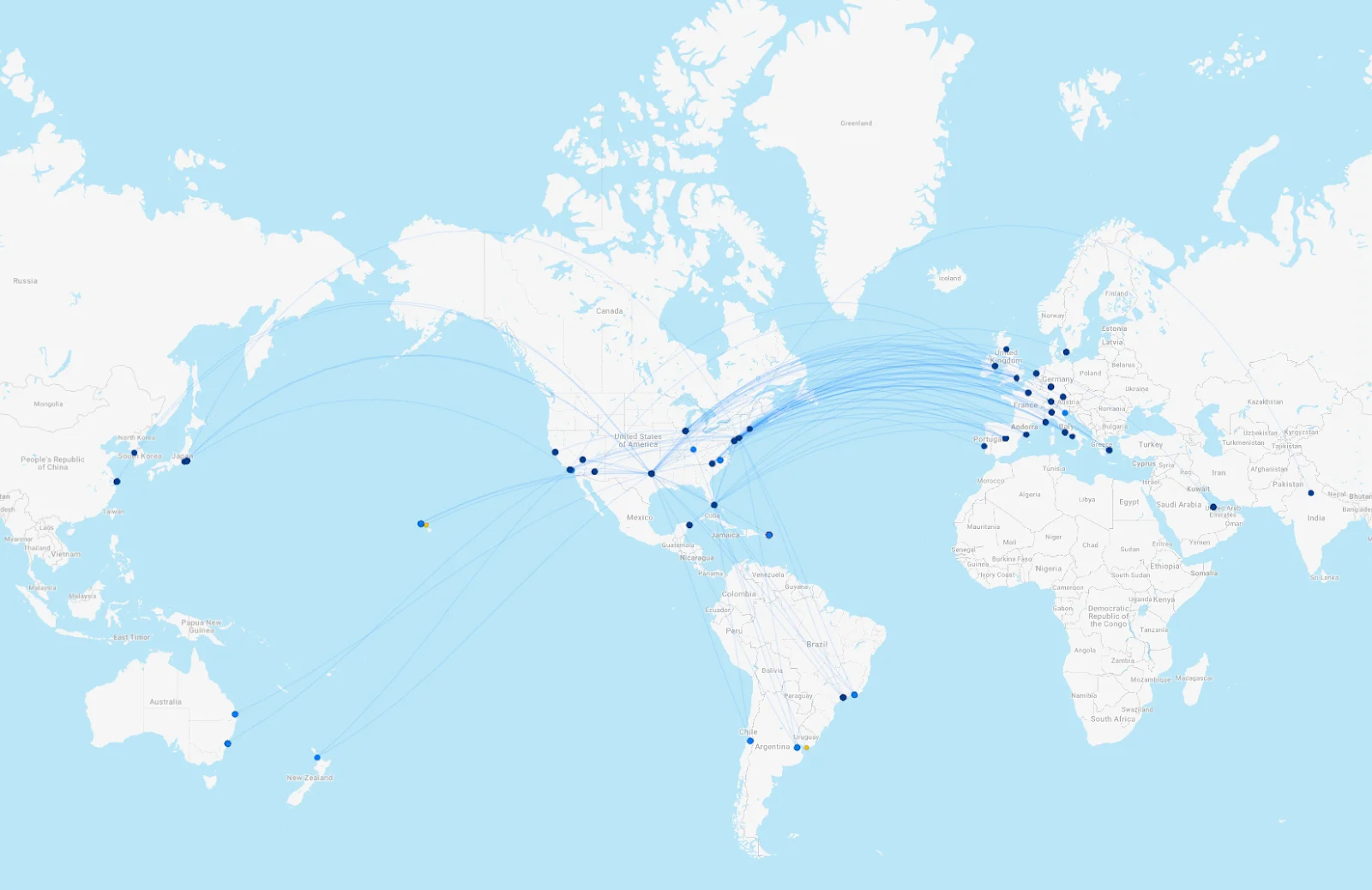 A route map showing American Airlines flight paths connecting cities across North America, Europe, South America, and beyond.