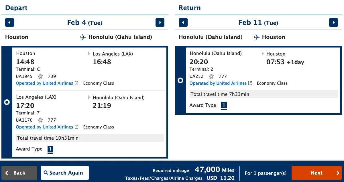 Screenshot of an ANA Mileage Club award booking for a United Airlines round trip between Houston and Honolulu for 47,000 miles.