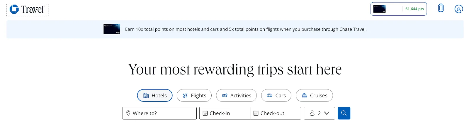 Screenshot of the Chase Travel homepage showing a points balance of 61,644 and search options for hotels, flights, activities, cars, and cruises.