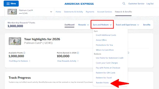 Screenshot of American Express transfer portal, using the earn and redeem dropdown menu