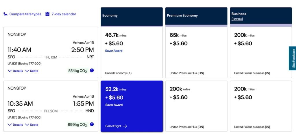 Screenshot of a United award search showing a San Francisco to Tokyo Narita flight priced at 46,700 miles in economy or 200,000 miles in Polaris business class