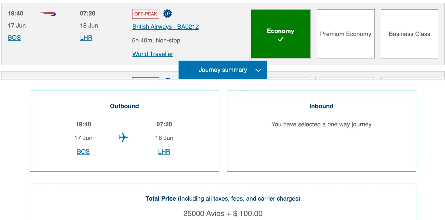Screenshot of a British Airways booking summary for a Boston to London economy flight priced at 25,000 Avios plus $100